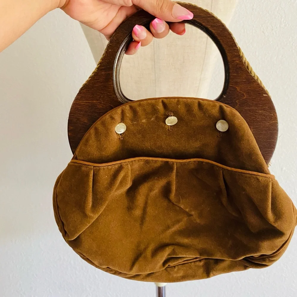 VINTAGE 70s BERMUDA BAG PURSE WOOD HANDLE BY BANNER HOUSE REVERSIBLE COVER - Picture 2 of 7